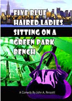 Five Blue Haired Ladies Sitting On A Green Park Bench